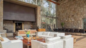 Un salón amplio con pared de piedra, muebles modernos y chimenea.
