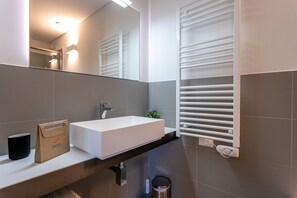 Shower, hair dryer, bidet, towels