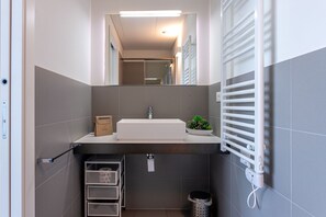 Shower, hair dryer, bidet, towels