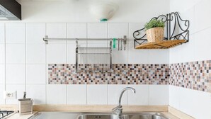 A kitchen with a double stainless steel sink, a tiled backsplash, a hanging basket with a plant, and a metal rack with utensils. - A 5 passi dalla Fontana di Trevi – Loft romano del XVII secolo! (Rome)