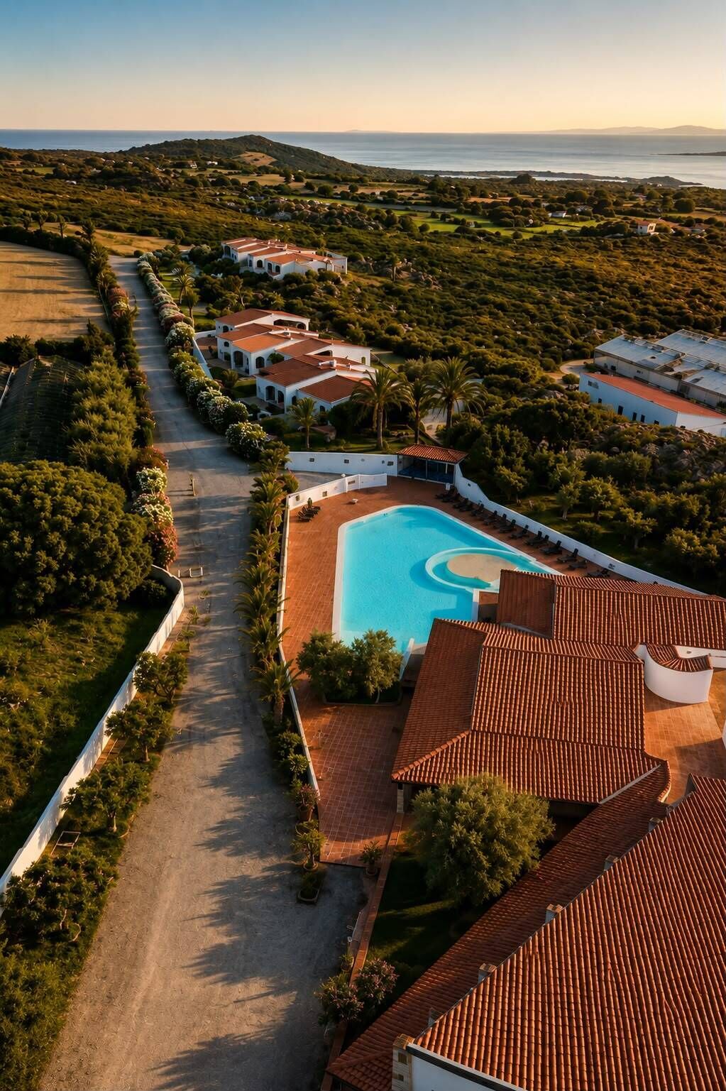 Un complexe hôtelier doté d’une piscine, de bâtiments aux toits de tuiles et offrant une vue sur la mer.