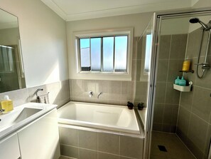 Hair dryer, towels, soap, shampoo