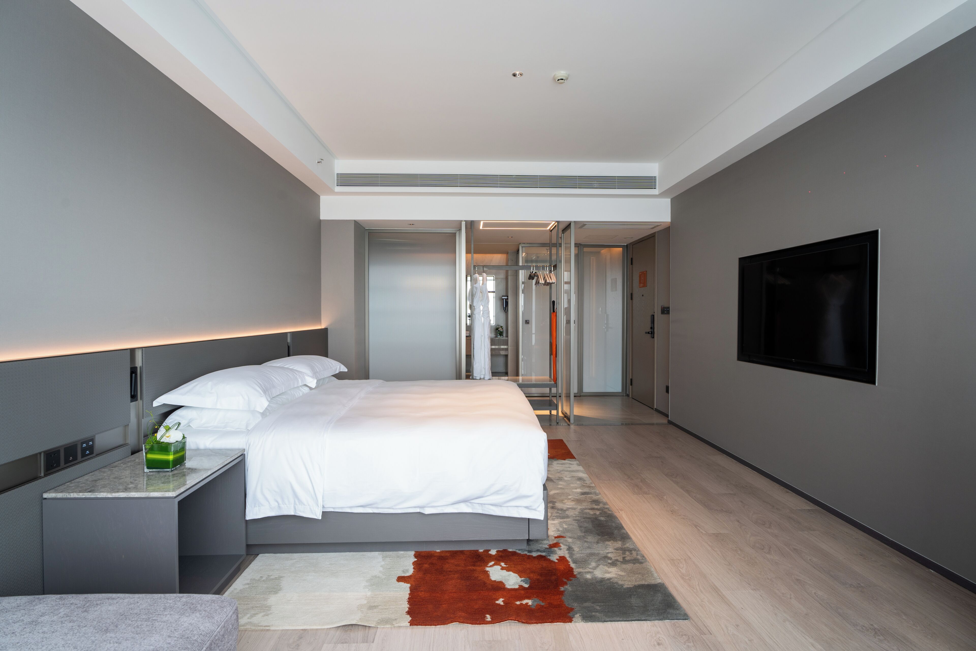 Un dormitorio moderno con una cama grande, una mesita de noche, un televisor de pantalla plana en la pared y un vestidor.