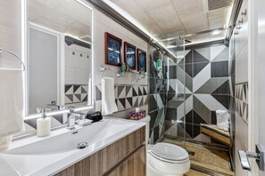 Chuveiro, secador de cabelo, toalhas de banho, shampoo