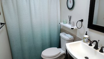 Hair dryer, towels, soap, toilet paper