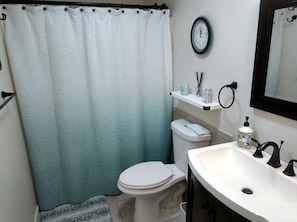 Hair dryer, towels, soap, toilet paper
