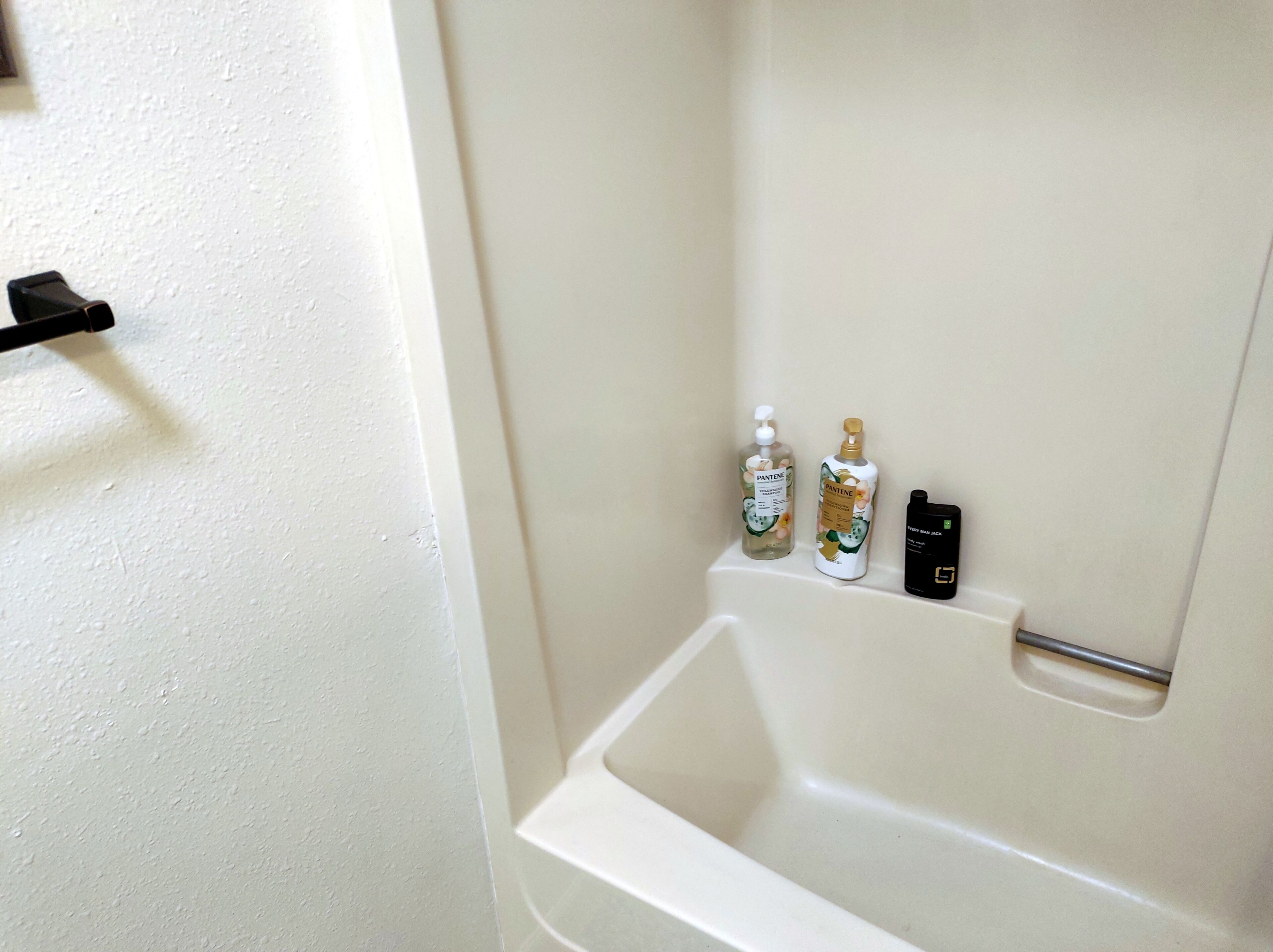 Hair dryer, towels, soap, toilet paper