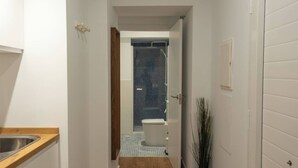 Un pasillo estrecho con suelo de madera, un lavabo a la izquierda, una planta en maceta a la derecha y un baño con inodoro y ducha con azulejos azules.
