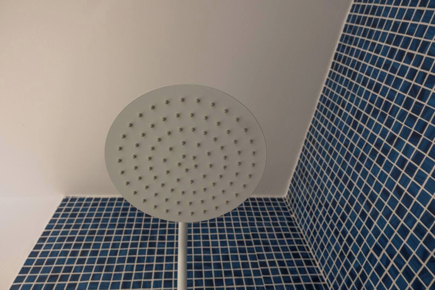 A showerhead with a circular design and multiple holes, mounted on a white wall.