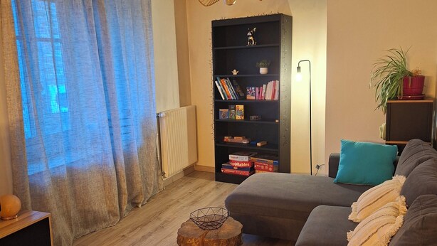 Un salon avec un canapé, une bibliothèque, un lampadaire et un radiateur.