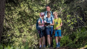 A group of people standing on a forest trail.