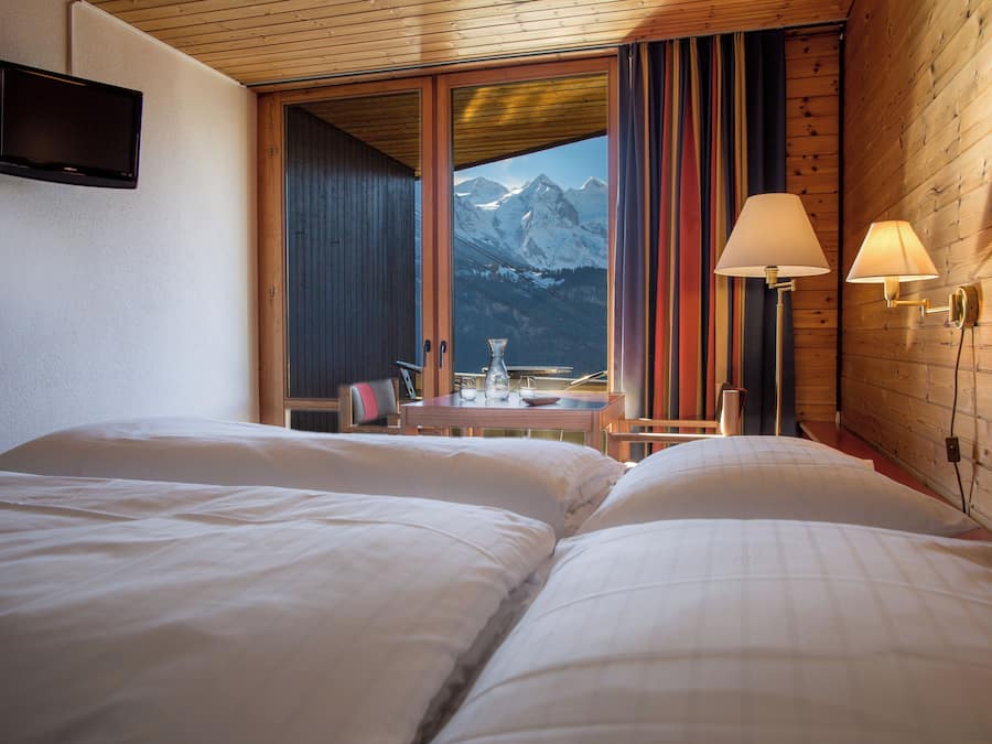 A hotel room with two beds, a TV, a table with a vase, and a view of mountains.