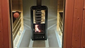 A wooden cabin with a glass door leading to a room containing a wood-burning stove. - Whole house (Saint-Jean-Lachalm)