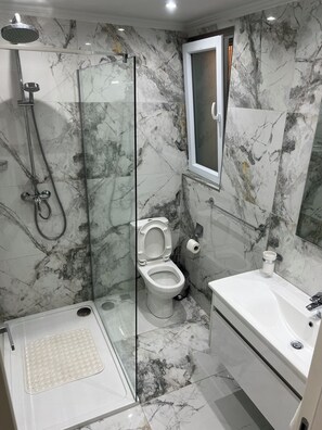Douche, serviettes fournies, savon, papier toilette