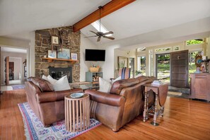 Télévision, cheminée, livres, chaîne hi-fi