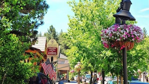 A street view with a United Wood Craftmen Gallery sign, American flags, and a hanging flower basket. - Luxury w Spa Foosball - DeCarlo House (Big Bear Lake)