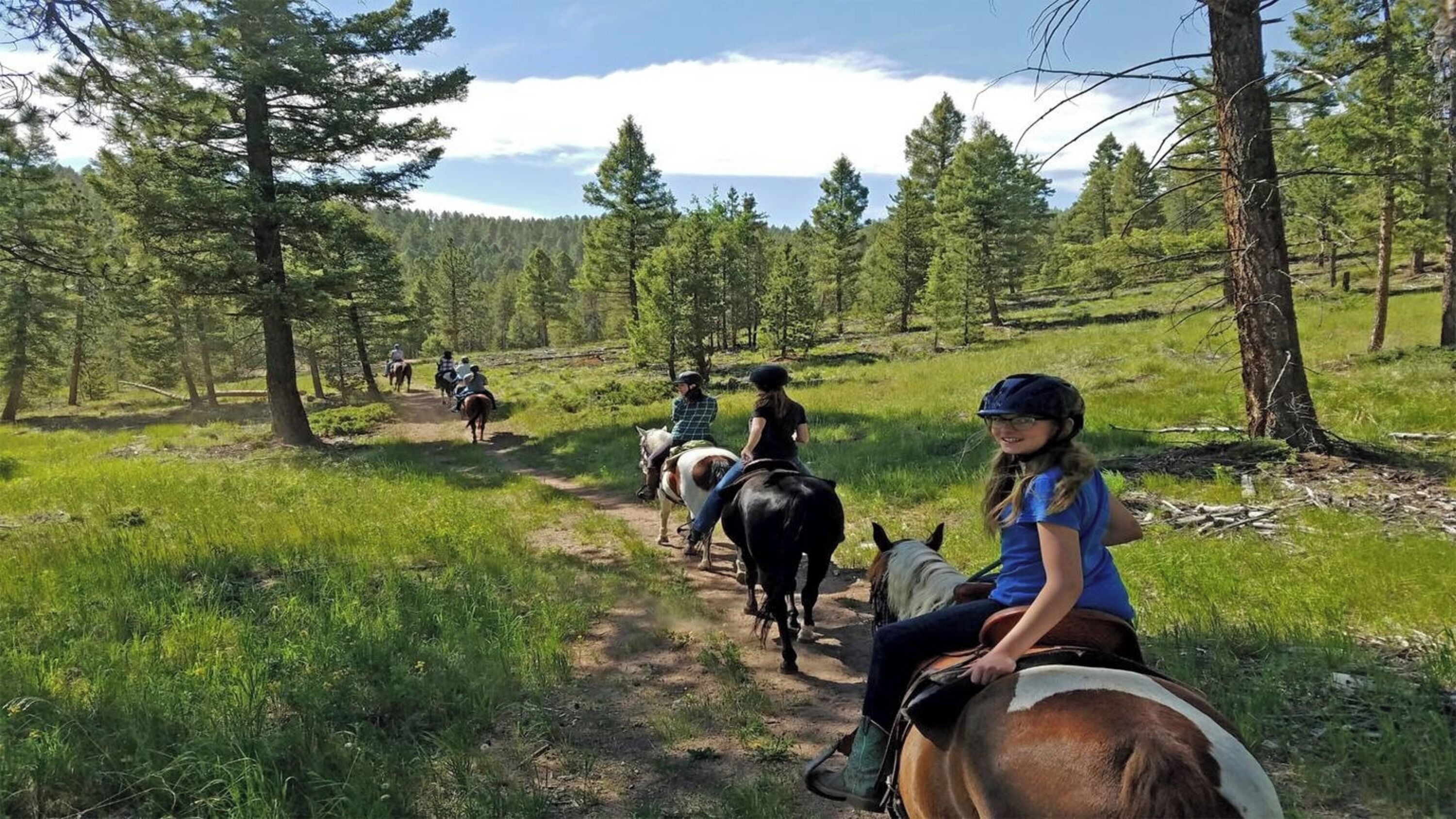 A group of people horseback riding on a dirt path through a forested area.