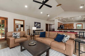 TV, fireplace, books, offices