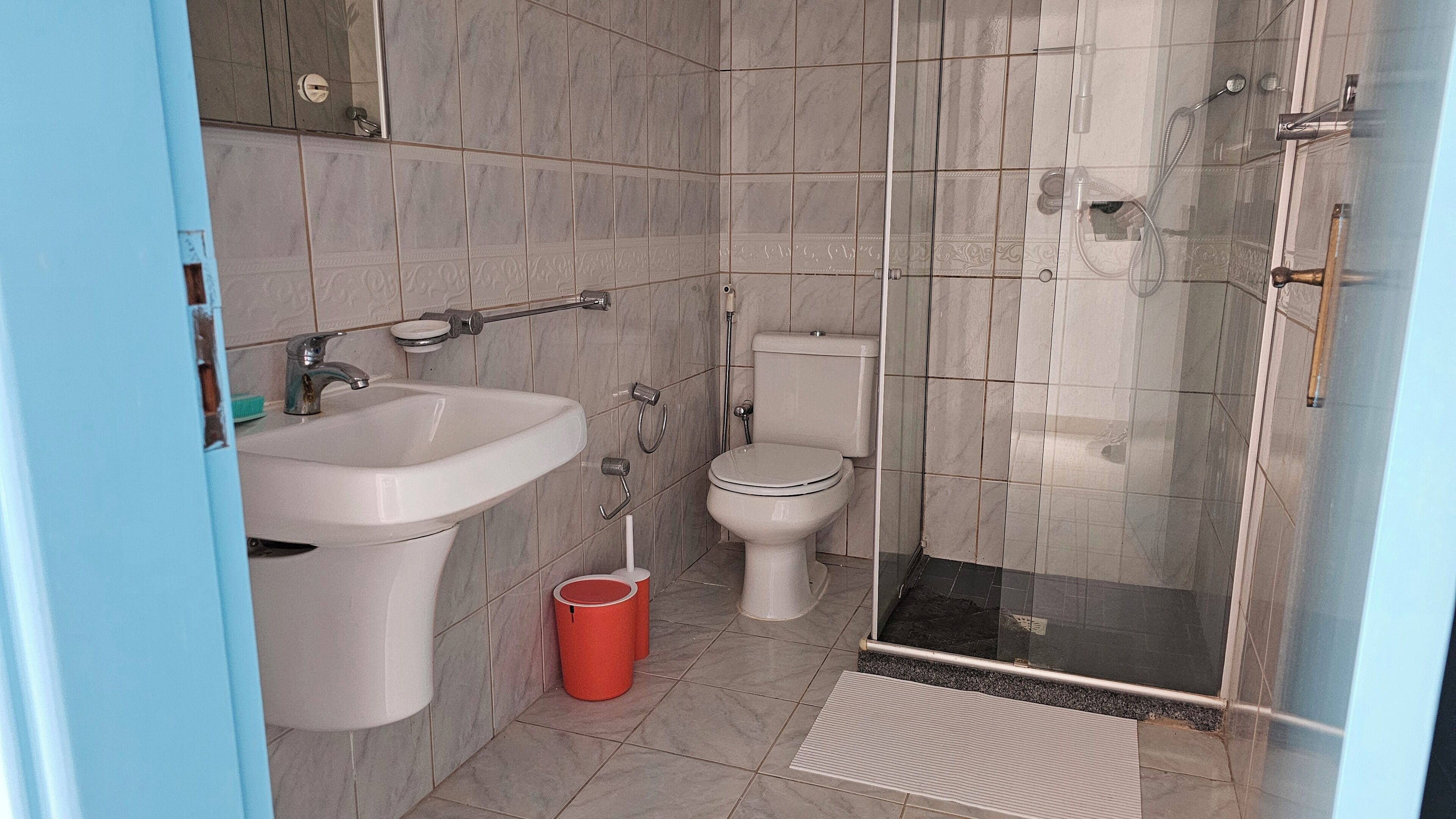 Une salle de bain avec un lavabo, des toilettes et une douche.