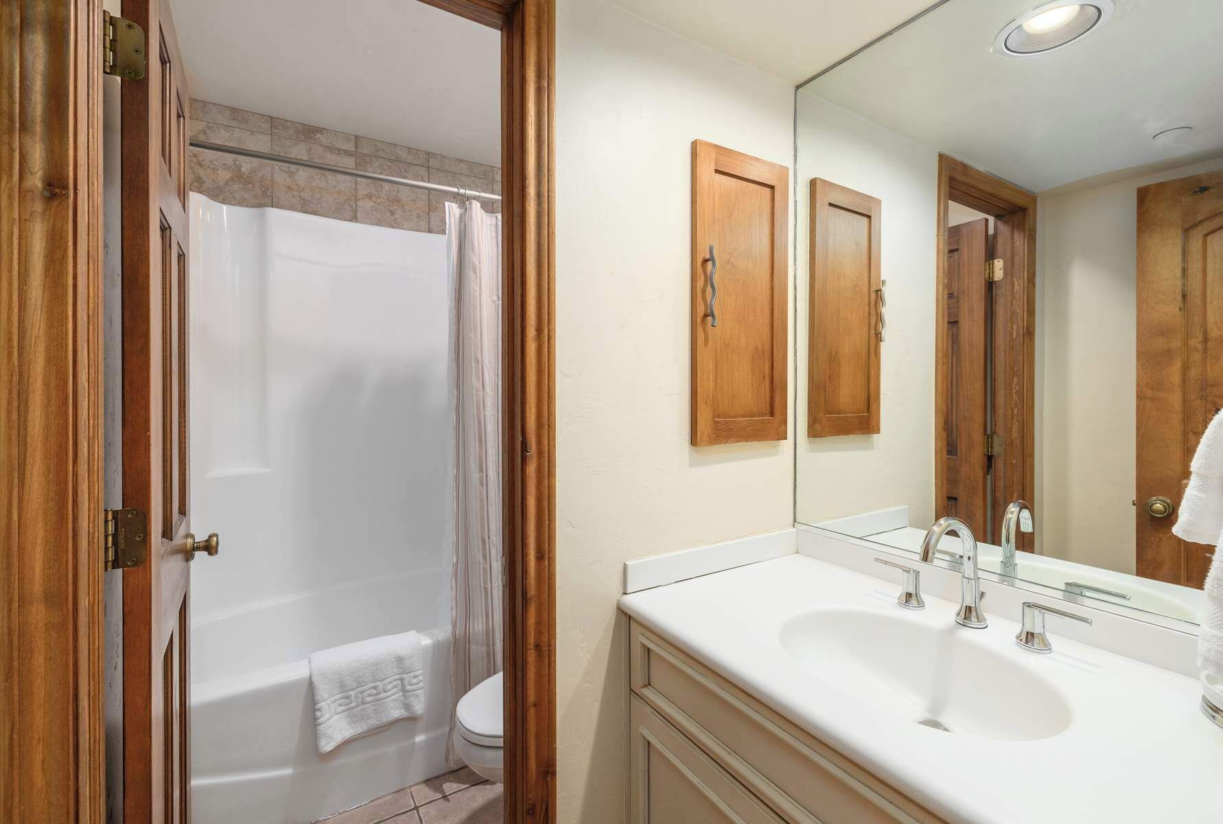 A bathroom with a shower, toilet, and a sink with a mirror.