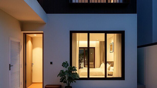 A modern house with a wooden deck, a swimming pool, and a large window overlooking the interior. - Villa Qabalah (Si Sunthon)