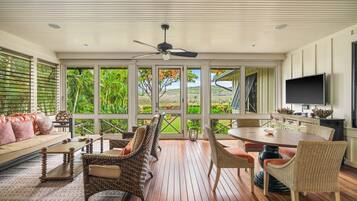 Smart TV, fireplace, books