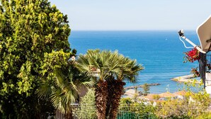A coastal view with a clear sky, a palm tree, and a building with a balcony overlooking the sea.