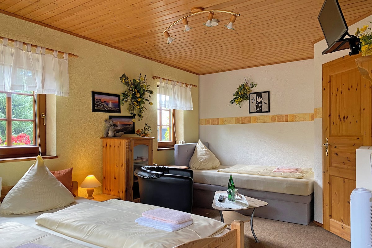 Une pièce confortable avec deux lits, une petite table, un bureau et une fenêtre avec des rideaux.