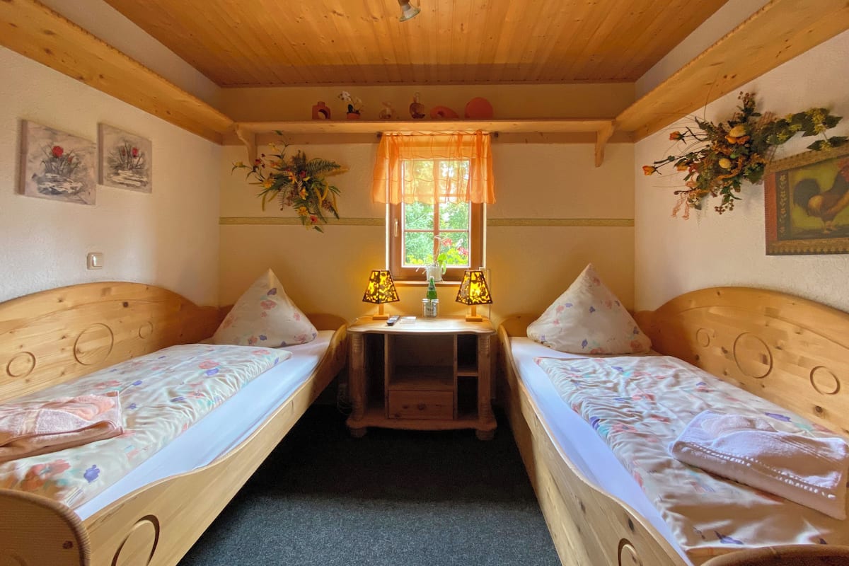Une pièce confortable avec deux lits en bois, une petite table avec des lampes et une fenêtre donnant sur un paysage verdoyant.