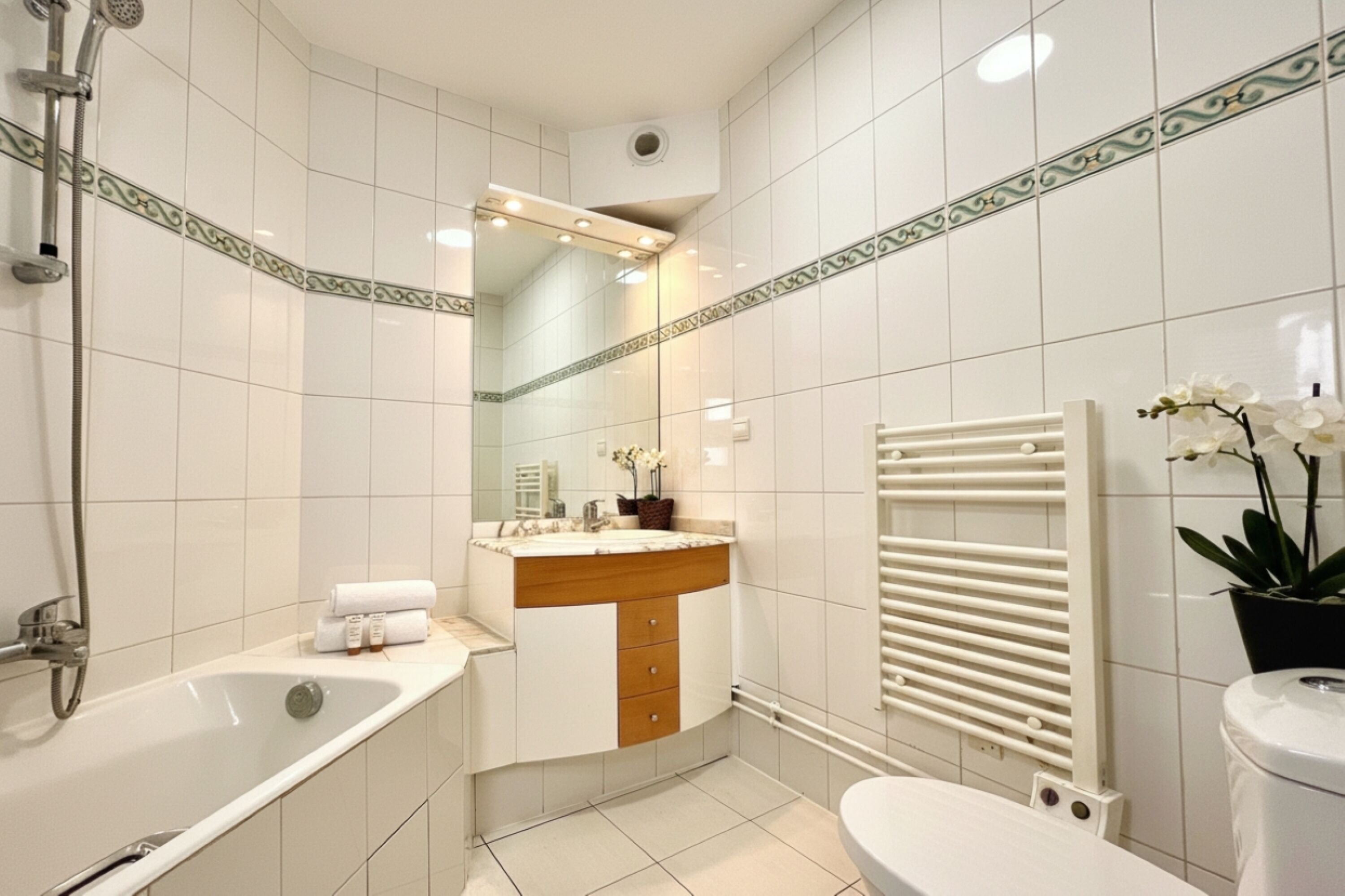 Estudio Confort, vistas al jardín | Baño | Secador de pelo, toallas, jabón y champú