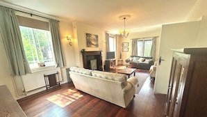 A spacious living room with a fireplace, a sofa, a television, and a dining area.