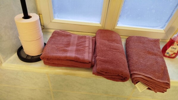 Une salle de bain avec une fenêtre, un rouleau de papier toilette et une pile de serviettes.