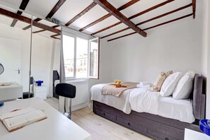 1 bedroom, desk, iron/ironing board, travel cot
