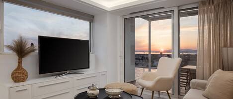 Căn hộ Deluxe, quang cảnh biển | Bộ trải giường bằng vải cotton Ai Cập, bộ đồ giường cao cấp