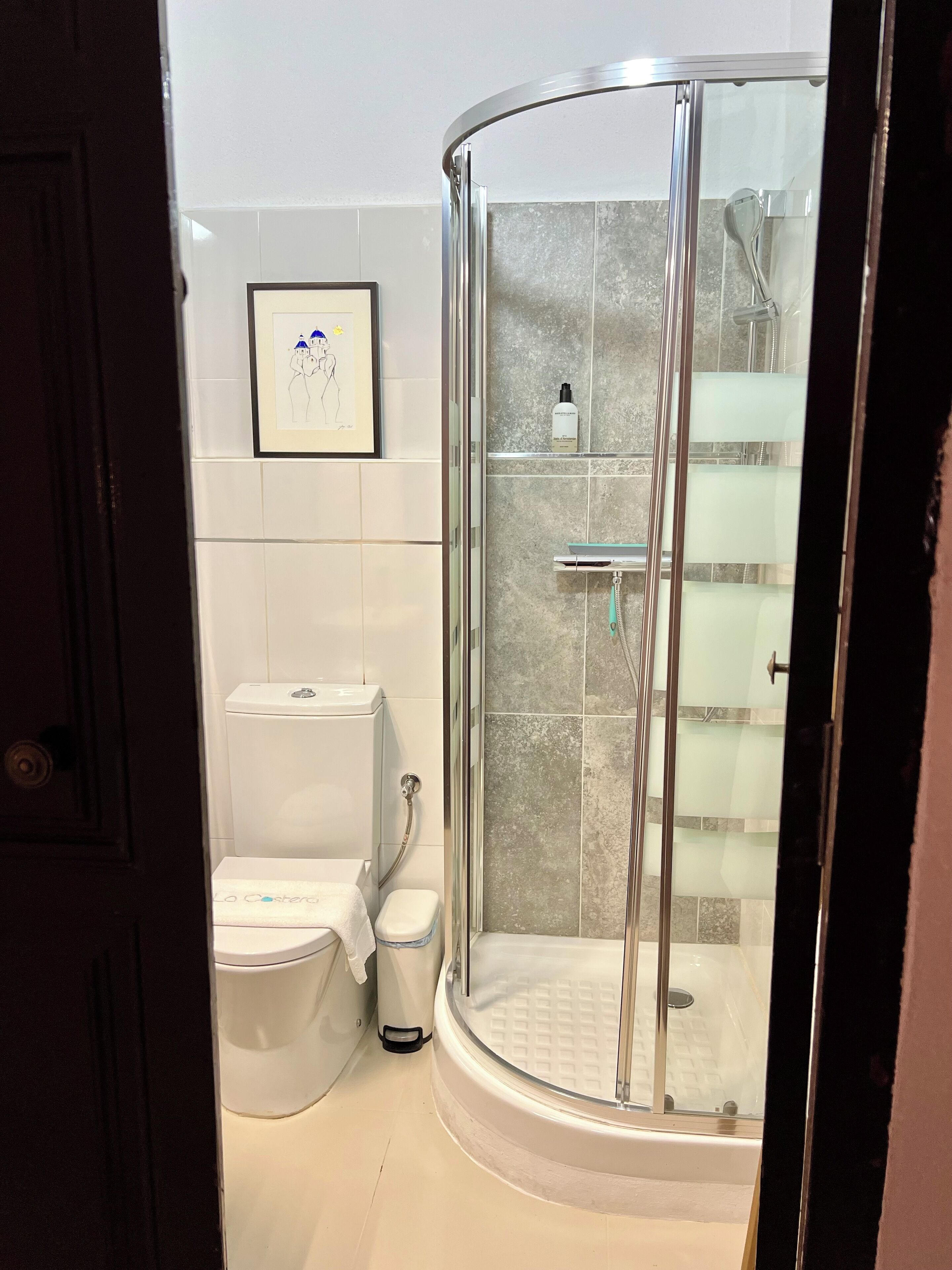 A modern bathroom with a glass-enclosed shower, a toilet, and a framed artwork on the wall.