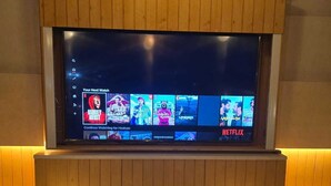 A modern living room with a large flat-screen TV mounted on a wooden wall, displaying a Netflix interface. Below the TV, there is a built-in planter with green plants.