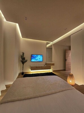 A modern bedroom with a bed, a TV mounted on the wall, a bedside table, and a nightstand.