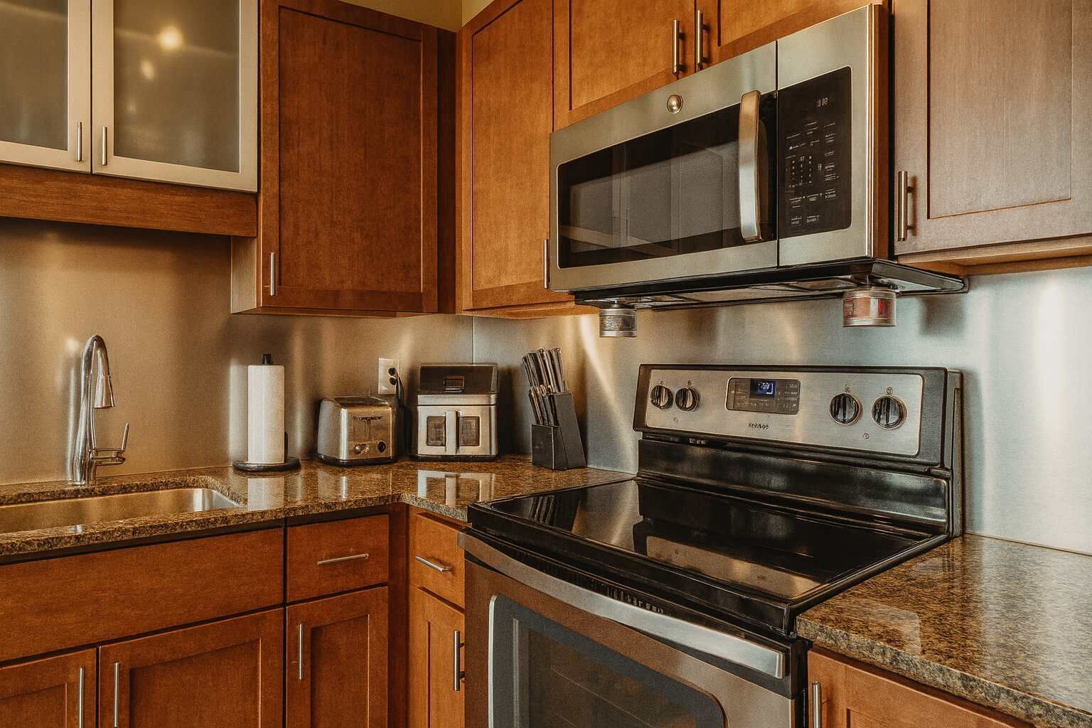 Refrigerador, microondas, horno y parrilla de estufa 