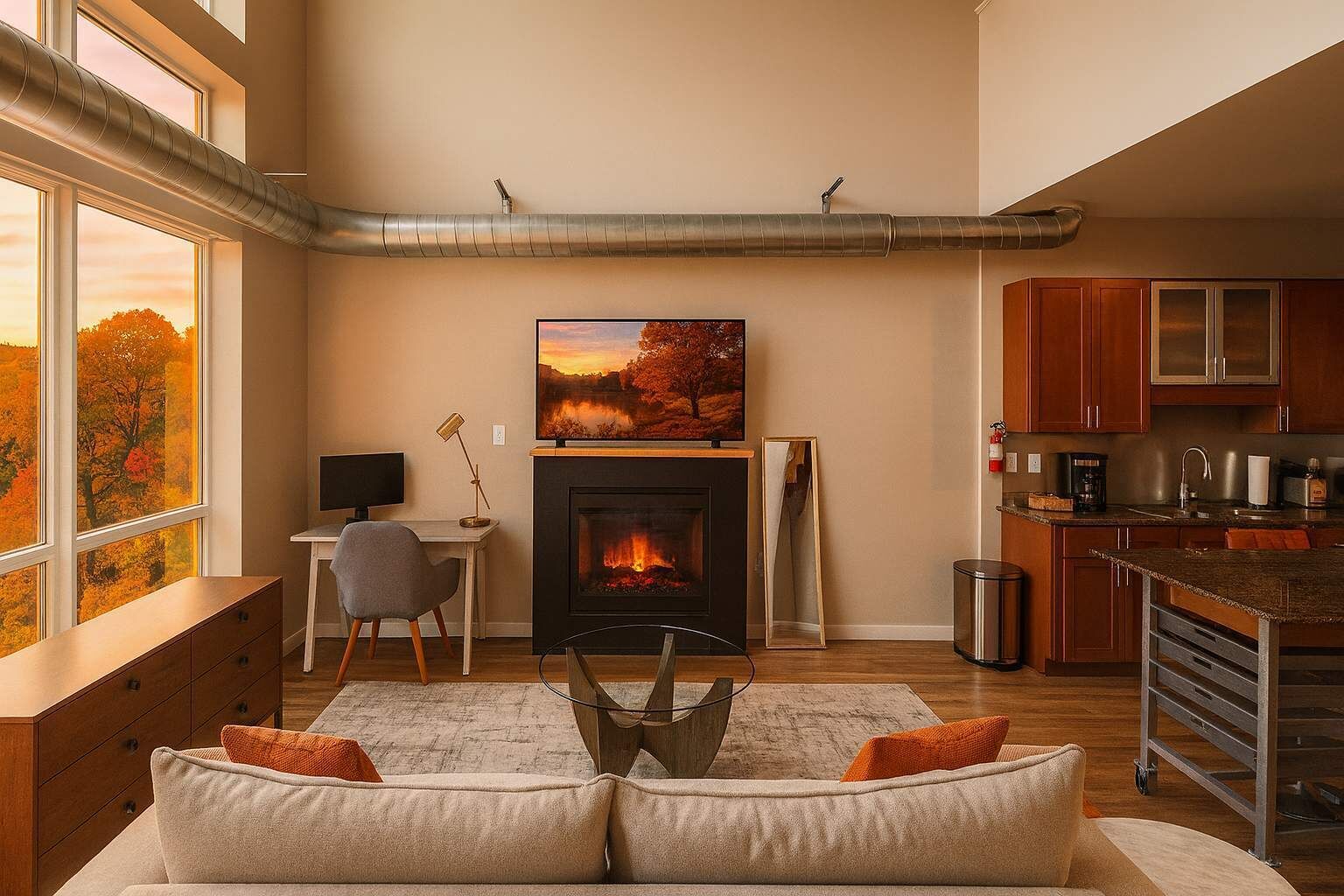 TV, fireplace, offices