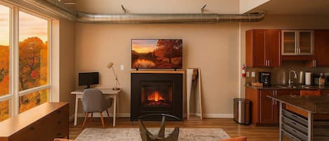 TV, fireplace, offices