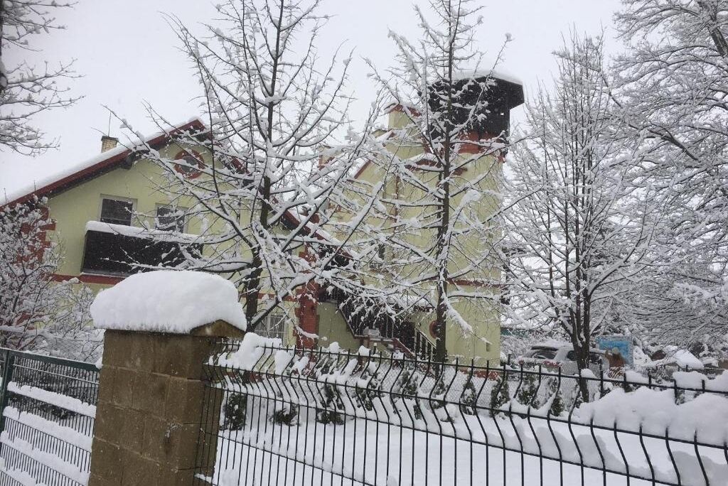 Una zona residenziale innevata con una casa, alberi e una recinzione.