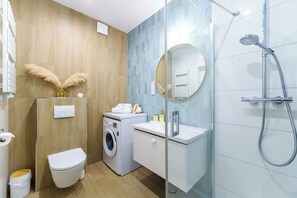 Shower, hair dryer, towels, soap