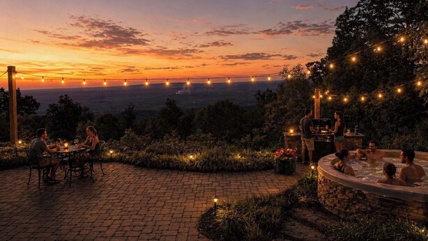 An outdoor patio with a brick floor, string lights, a hot tub, and a barbecue area.