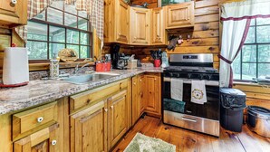 A wooden cabin kitchen with a granite countertop, stainless steel appliances, and a window with a plaid curtain. - 35 Mi to Acadia: Rustic Retreat in Orland! (Orland)