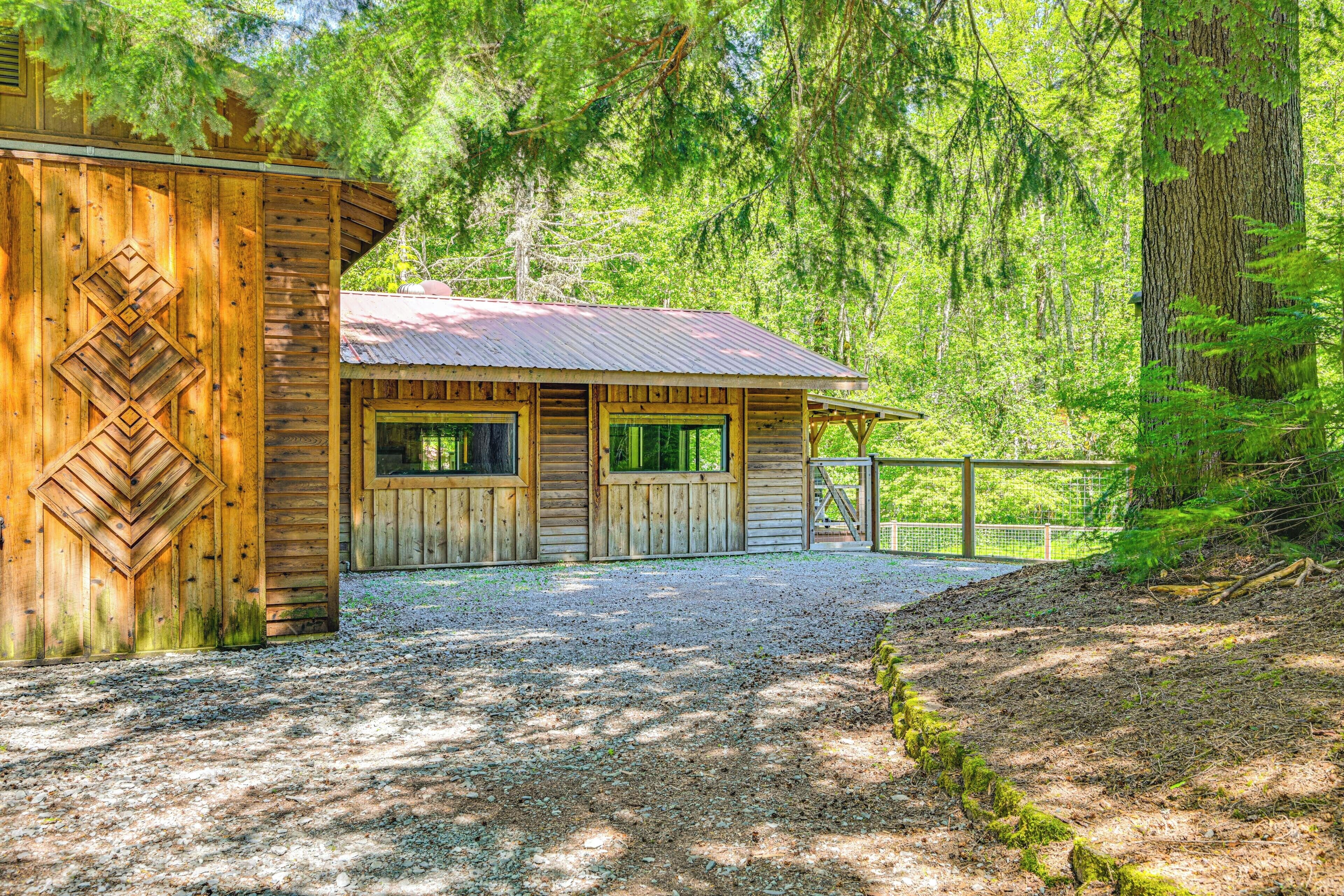 A wooden cabin with a metal roof, surrounded by dense forest.