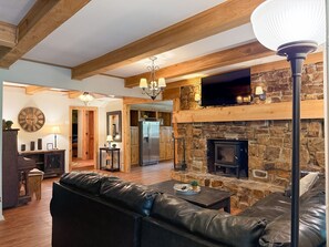 Smart TV, fireplace, books