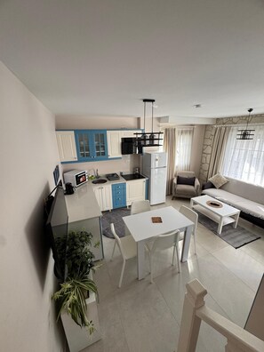 A modern apartment with a kitchen, dining area, and living room.