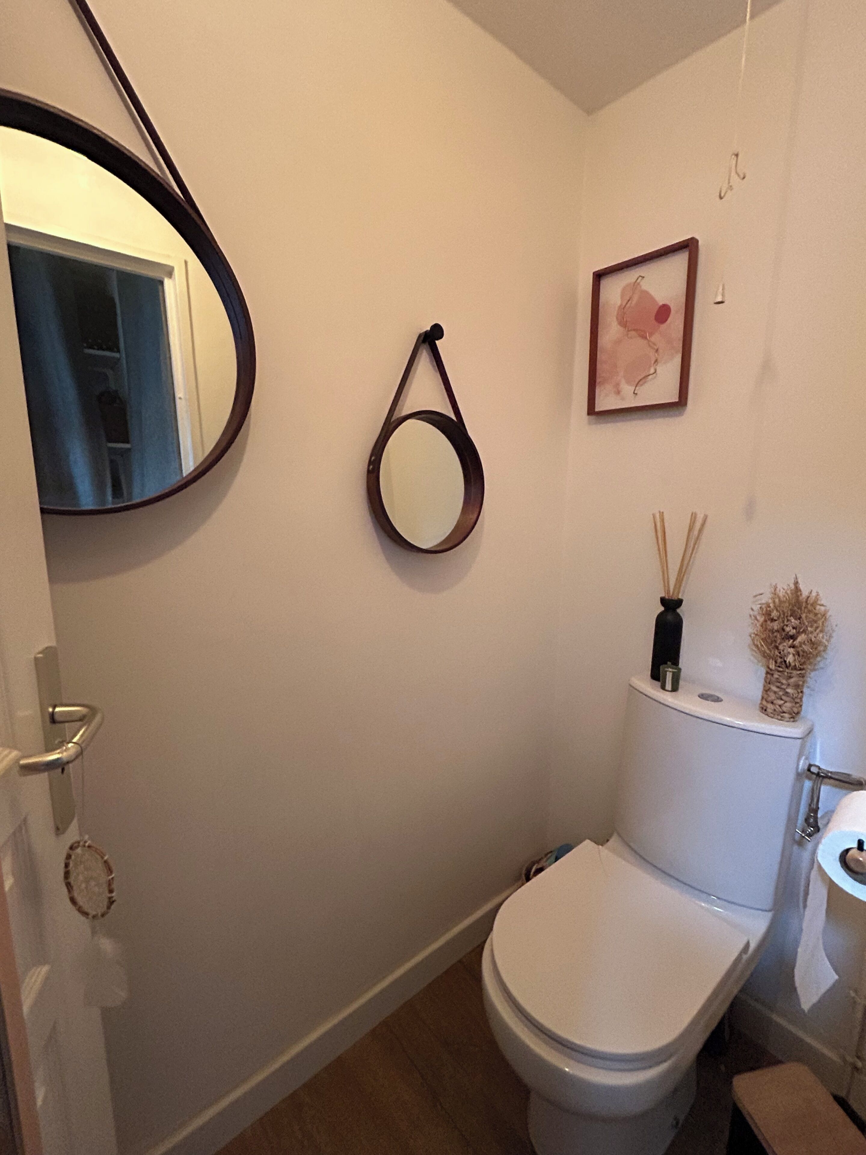 Un baño con inodoro, espejo y un cuadro en la pared.