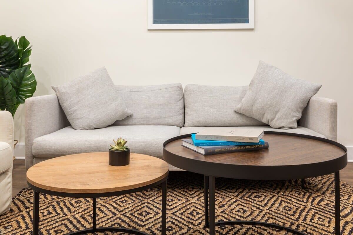 A living room with a grey sofa, two round coffee tables, a potted plant, and a framed picture on the wall.