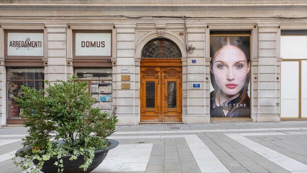 Facciata di un edificio con un grande cartello con scritto 'DOMUS' e un cartello più piccolo per 'ARREDAMENTI'. Davanti all'edificio c'è un'ampia pianta in vaso.
